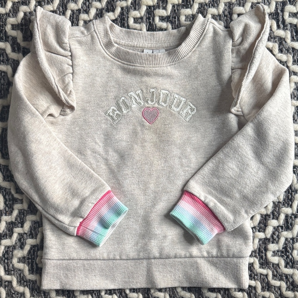 Janie and Jack Cream Bonjour Sweatshirt with Ruffle Sleeves